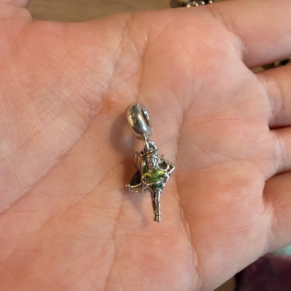 Silver Peter Pan Dangle Charm with Green Heart - Women Jewelry